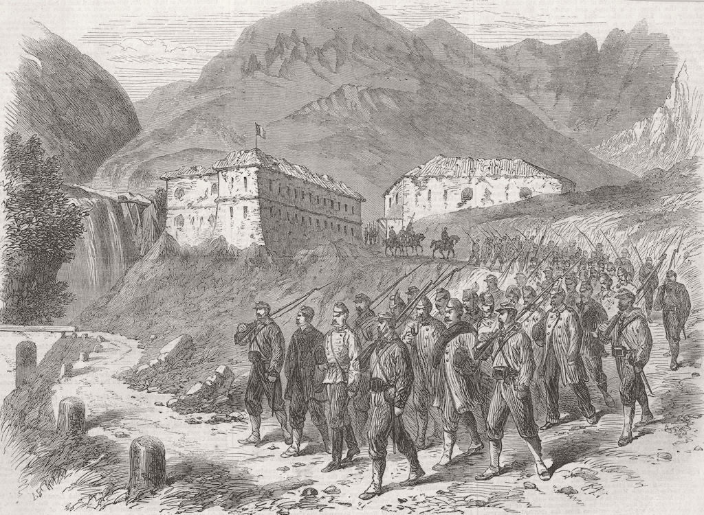 AUSTRIA. Austrian POWs leaving Ft of Ampola, Tyrol 1866 old antique print